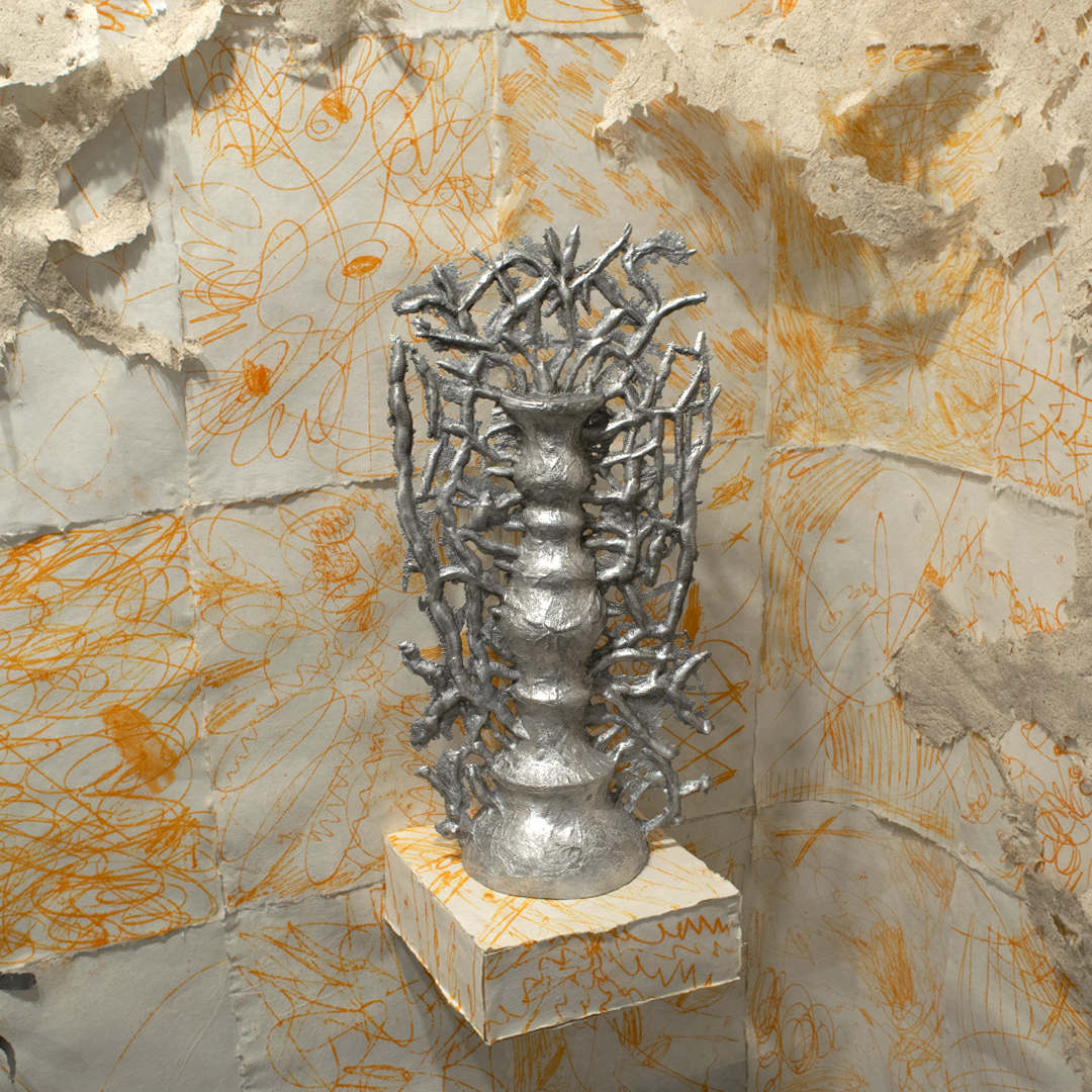 Tug of War Installation, Aluminum Sculpture against handmade paper